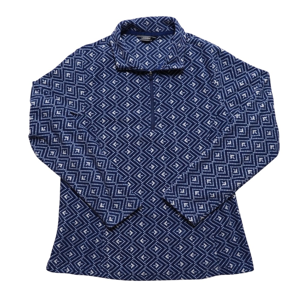 Lands End Womens Medium Blue Geometric Fleece Quarter Zip‎ Pullover